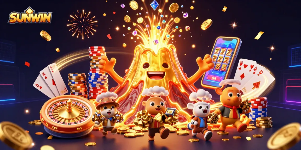 SUNWIN Casino scene showcasing a victorious golden volcano erupting with coins and gems, surrounded by animated treasures.
