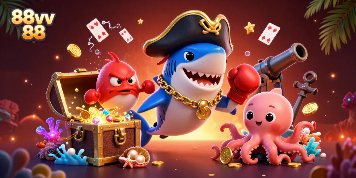 Engage in thrilling gaming excitement with 88vv 88's cartoon pirate shark, pufferfish, and octopus.