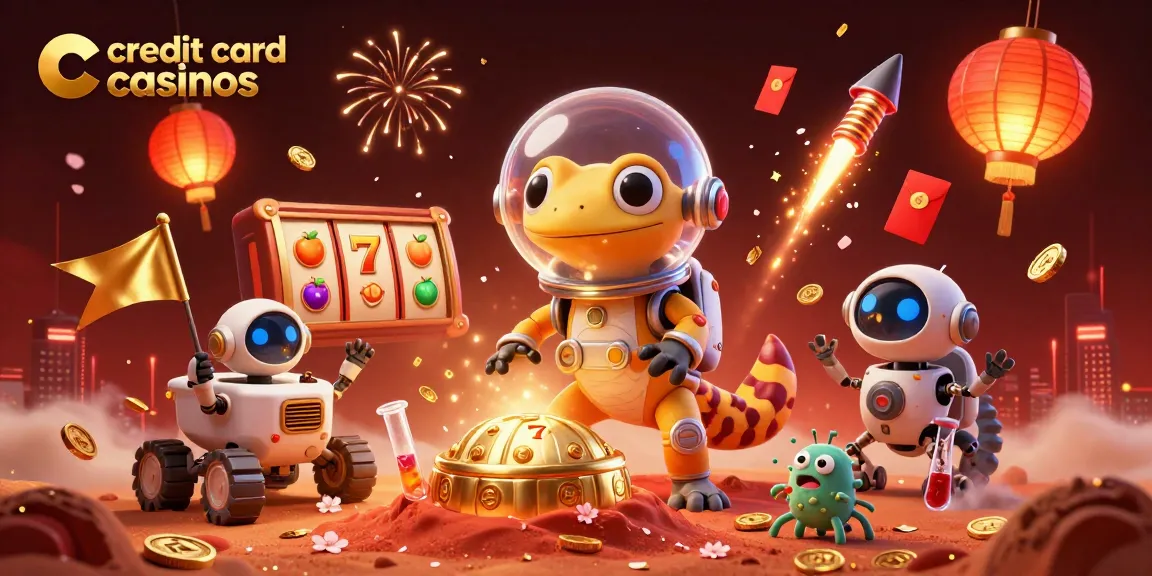 Experience thrilling gameplay at credit card casinos with a Martian gecko discovering a treasure-laden casino.