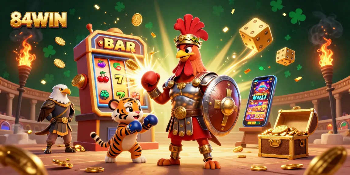 Engage with thrilling games at 84WIN, featuring a rooster warrior and vibrant casino elements.