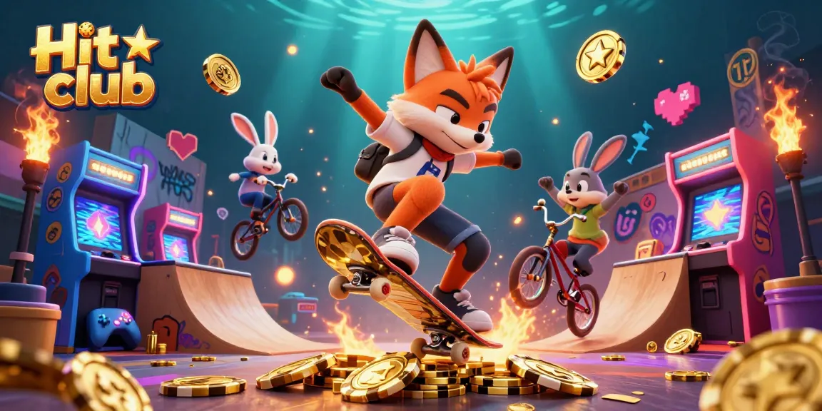 Experience thrill and excitement at Hit club with a vibrant 3D illustration of a skateboarding fox amidst casino elements.