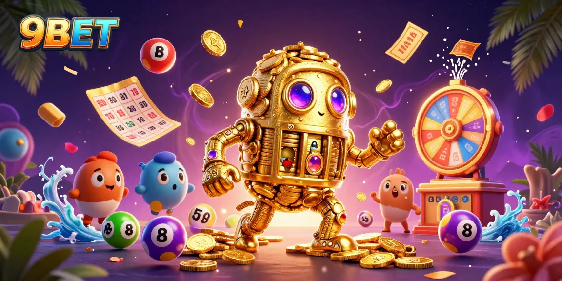 Experience exciting gameplay with 9BET, featuring a dynamic scene of casino elements and colorful lottery balls.