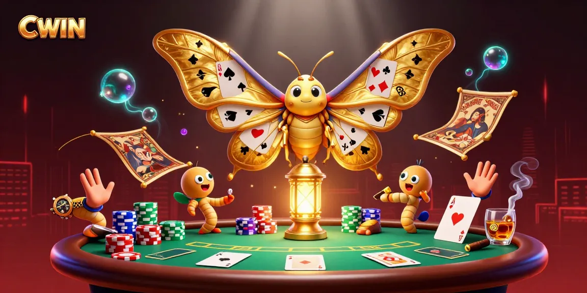 CWIN showcases an enchanting casino scene with a majestic atlas moth and vibrant poker elements.