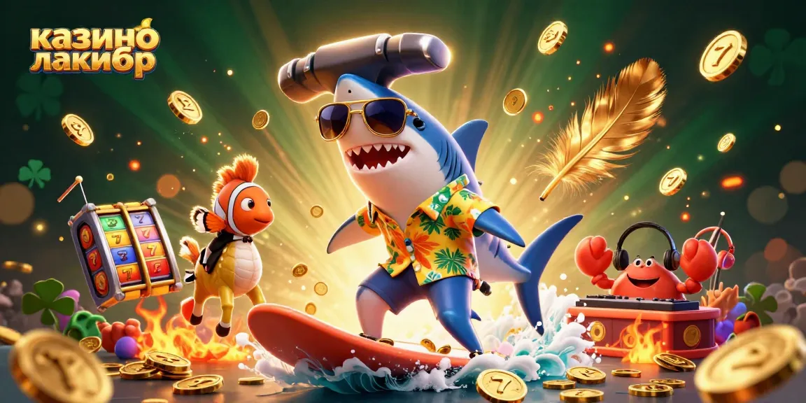 Play thrilling games at казино лакибир with a shark and friends dancing amidst gold coins and slot reels.